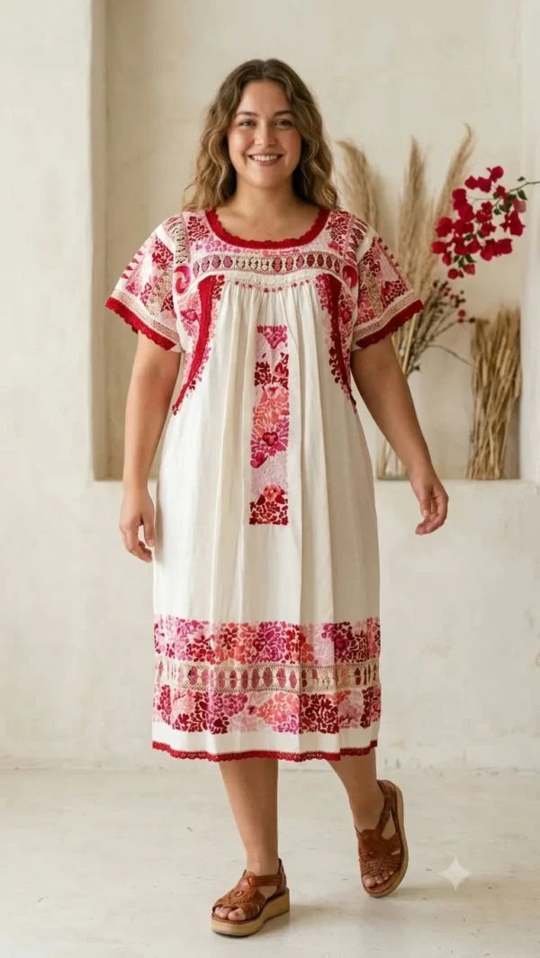 Vestido tipo huipil Tambalache con moños matizados en rosa