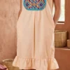 vestido punto de cruz melon con tejido fino turqueza