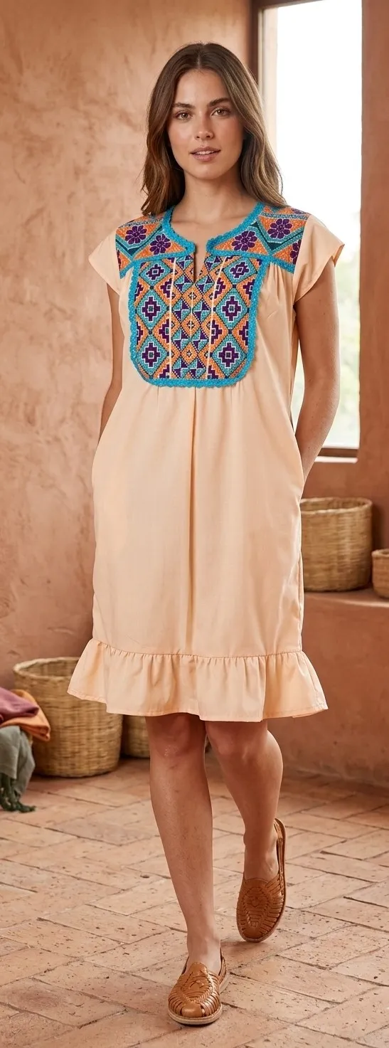 vestido punto de cruz melon con tejido fino turqueza