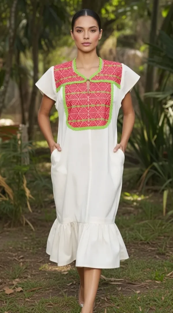Vestido tela manta con bordado rojo chillón