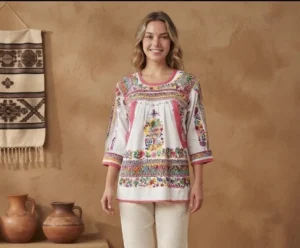Blusa tradicional multicolor con deshilado nacional y tejido artesanal