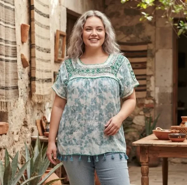 Blusa casual estampada con deshilado de moños