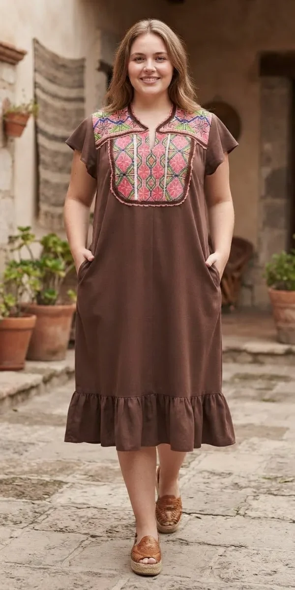 Vestido punto de cruz café con coral