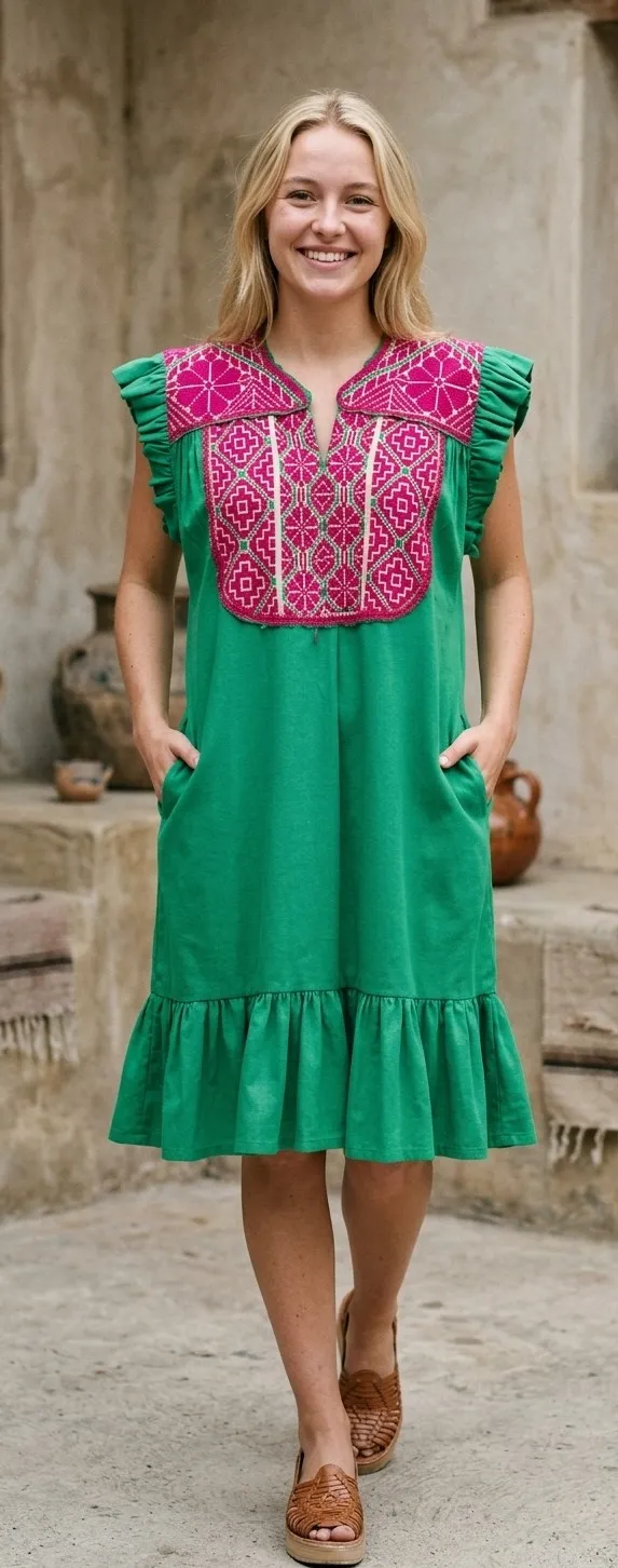 Vestido tela lino verde con bordado fiusha V