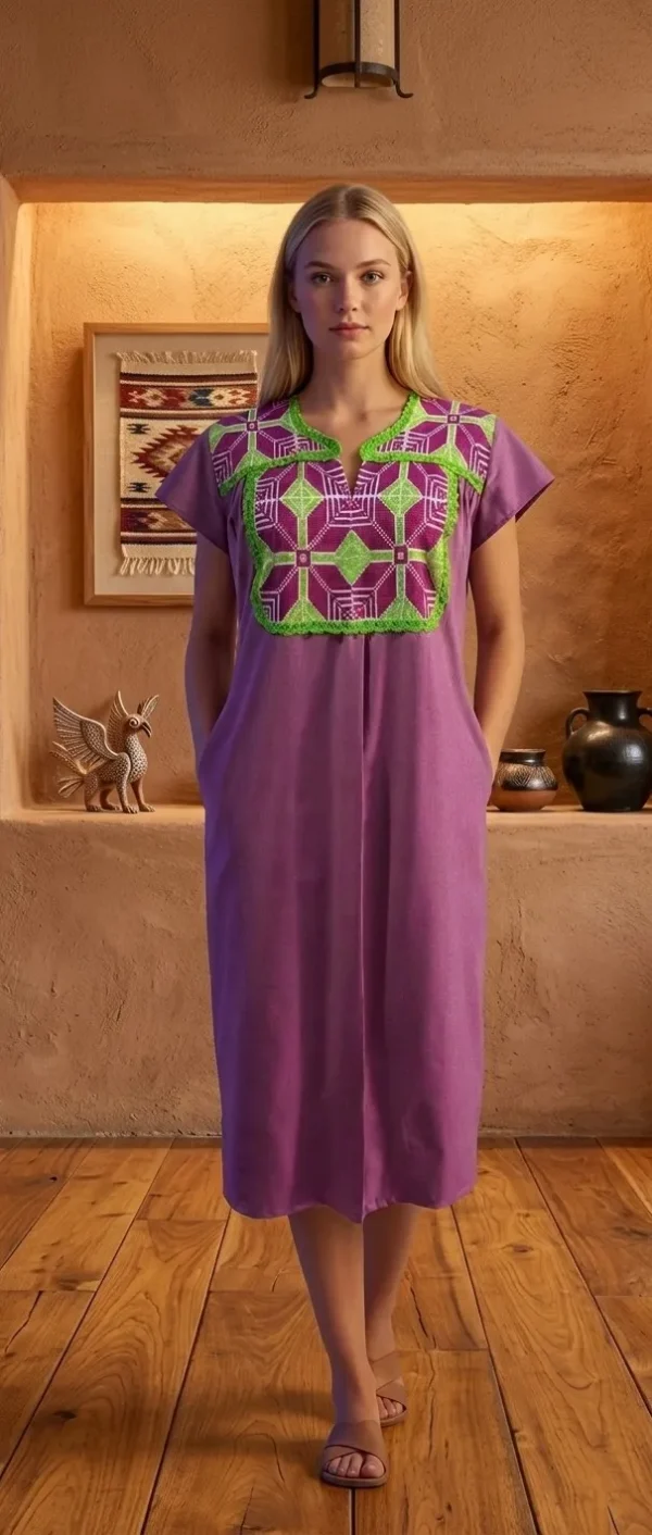 Vestido algodón vino jaspeado punto de cruz