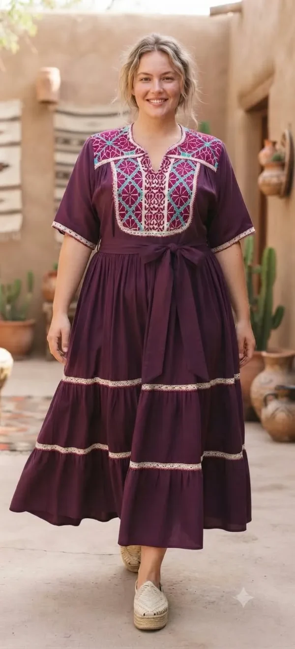 vestido coctel largo bordado punto de cruz