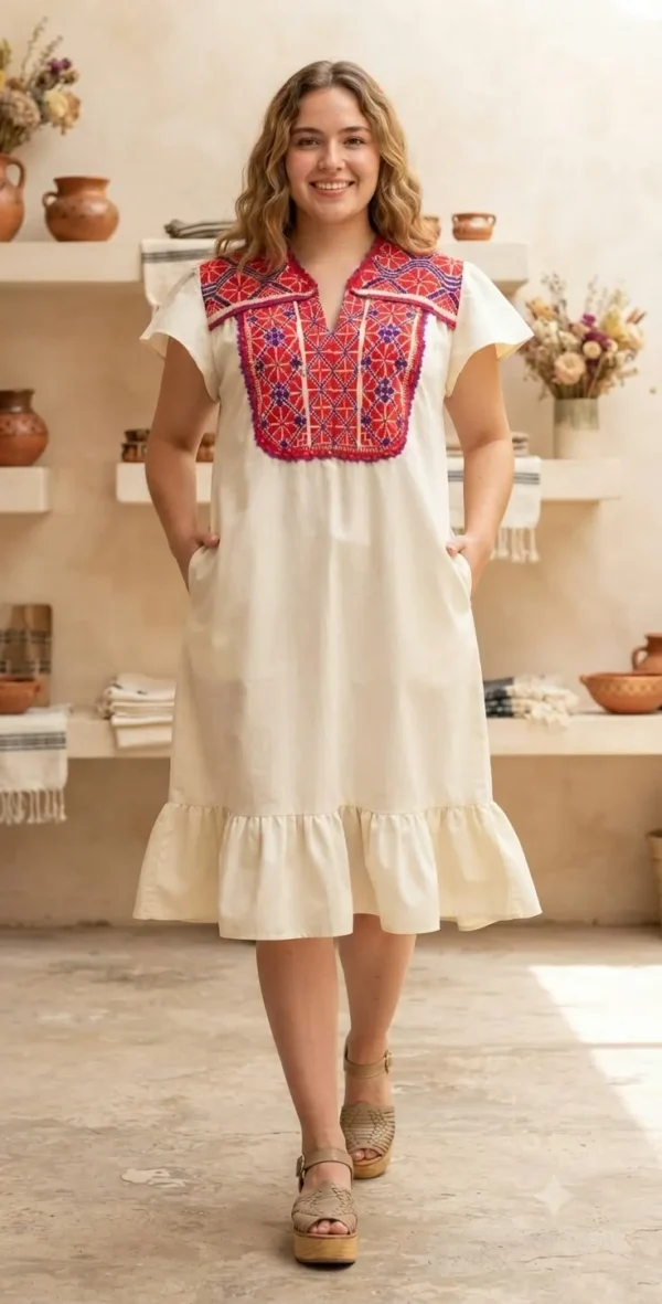 Vestido hueso punto de cruz rojo con morado