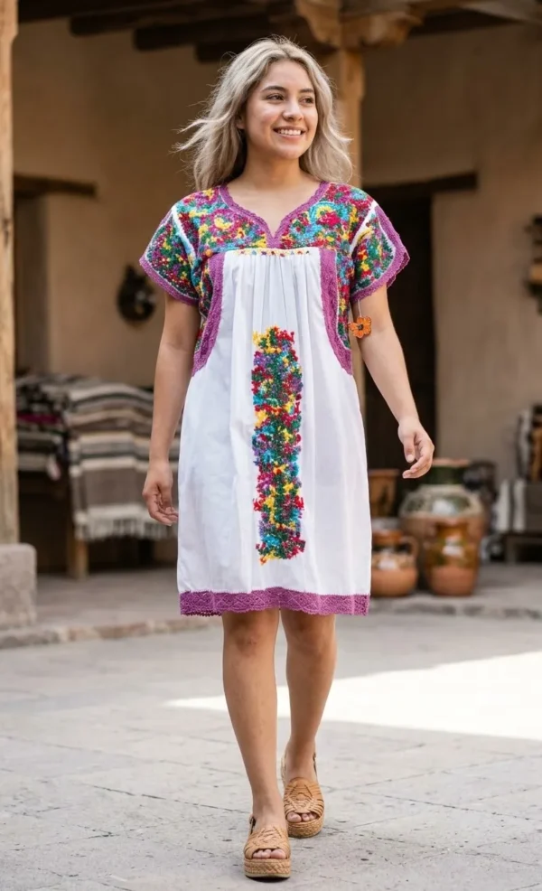 Vestido blanco multicolor randa buganvilia