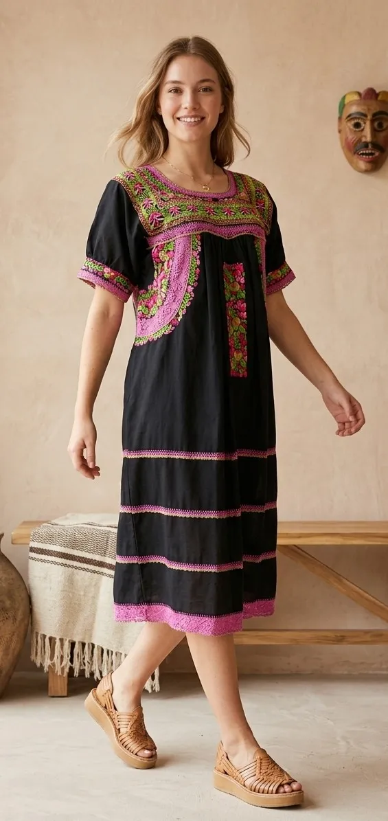 Vestido de lino deshilado con muñequitas bordadas