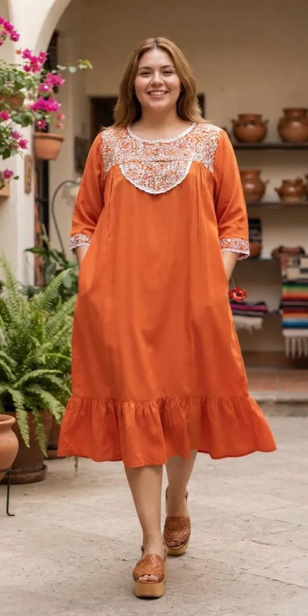 WhatsApp Image 2026-10-12 at 7.18.21 PM Vestido sencillo rayón naranja bordado plata