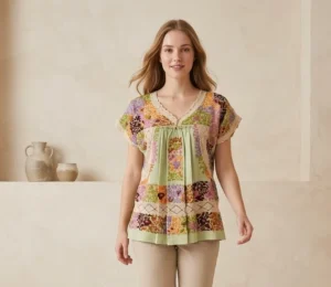 Blusa verde tierno trabajo completo tejido beige