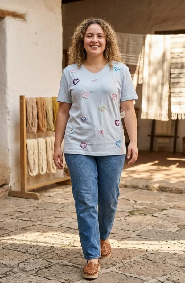 Playera tela azul cielo con tonos pastel