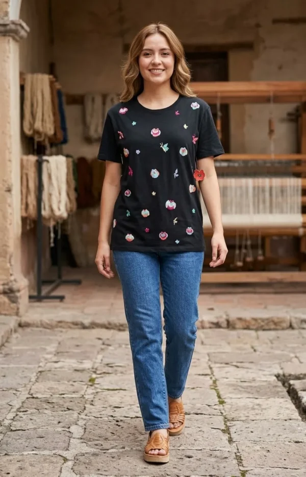 Playera negra bordado pensamientos salteados