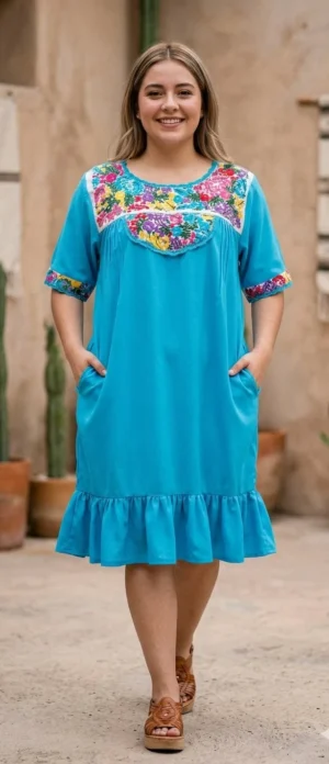 Vestido turquesa bordado colores con holán y bolsas