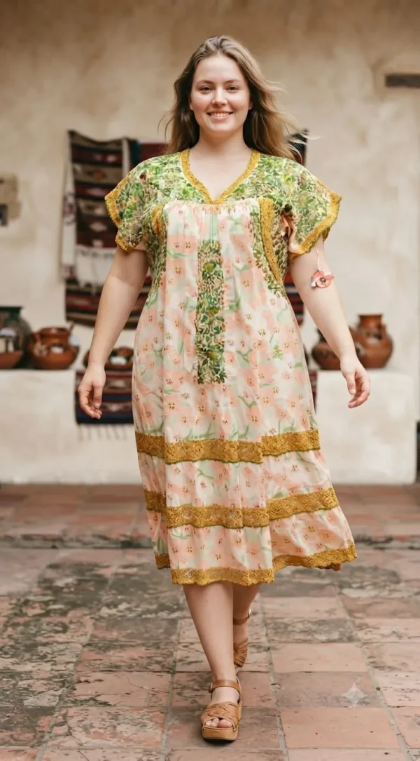 Vestido Tradicional de Algodón Estampado con Bordado Artesanal