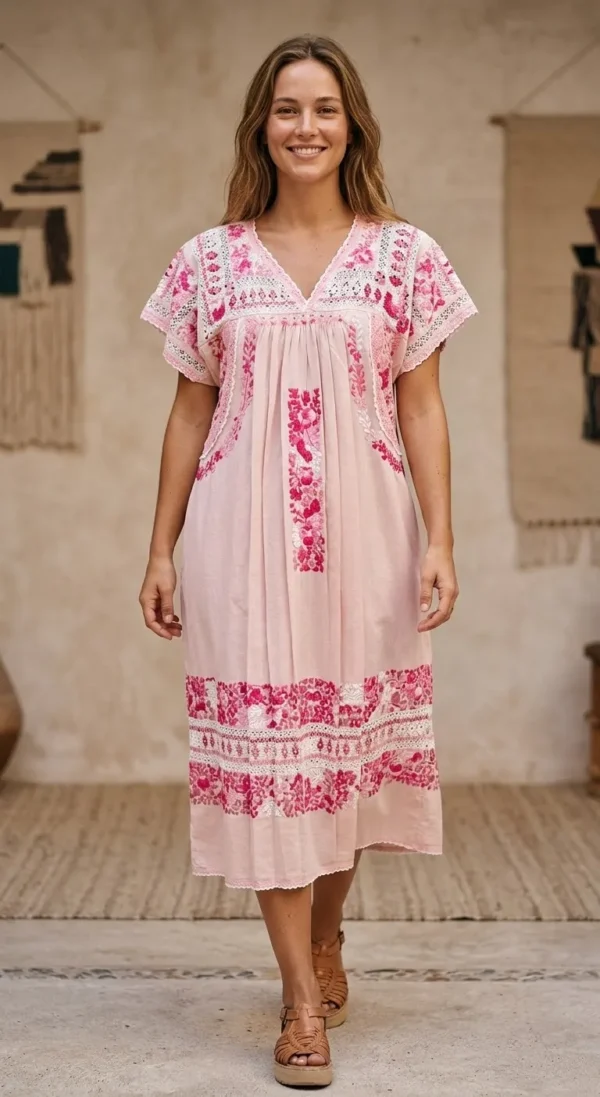 Vestido palo de rosa con deshilado moños y bordado en tonos rosa