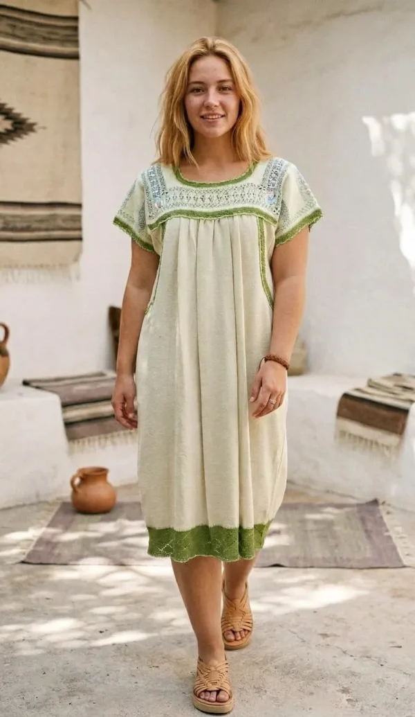 Vestido telar verde tierno deshilado moñitos tejido verde seco