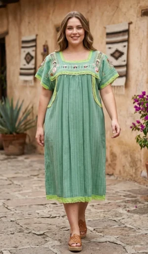 Vestido telar verde deshilado de monas y tejido semilla verde suave