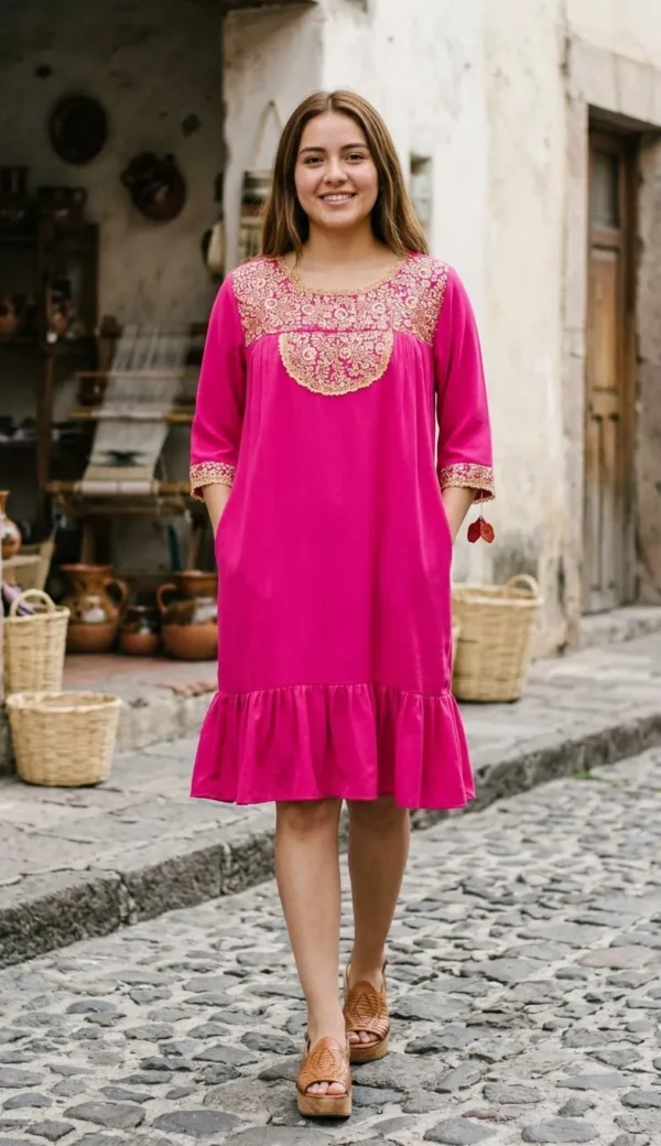 Vestido fucsia bordado beige con holán y bolsas