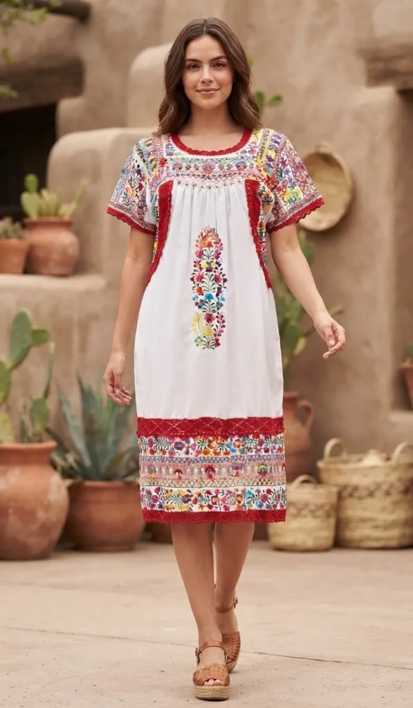 Vestido blanco danzantes multicolor, dos randas semilla abajo