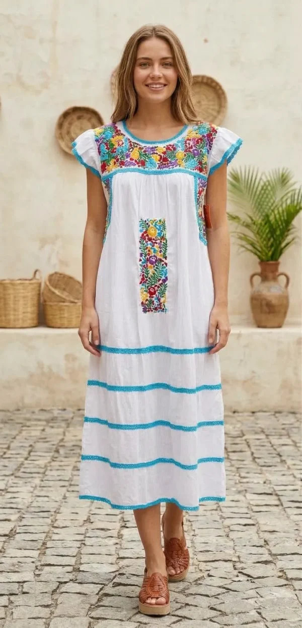 WhatsApp Image 2026-10-14 at 12.51.22 PM Vestido blanco multicolor bordado margaritas ,tejido turquesa