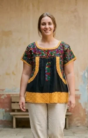 Blusa tela negra multicolor tejido amarillo mango