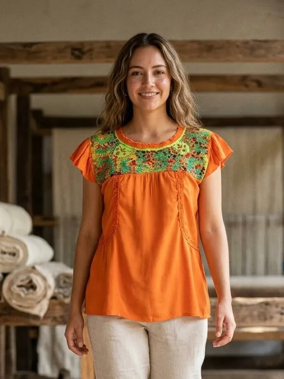 Blusa tela naranja con bordado solo en cajón tejido naranja