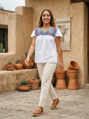 Blusa cajón completo blanca multicolor tejido turquesa