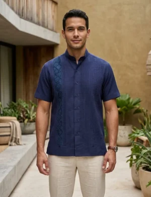Guayabera marino cuello mao con randa de semilla