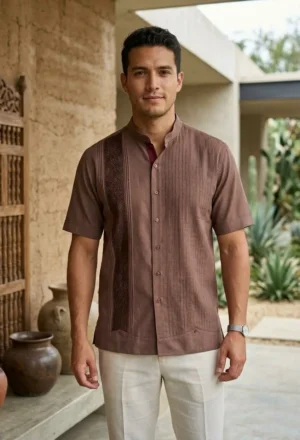 WhatsApp Image 2026-10-14 at 5.32.24 PM Guayabera café cuello mao con randa de semilla