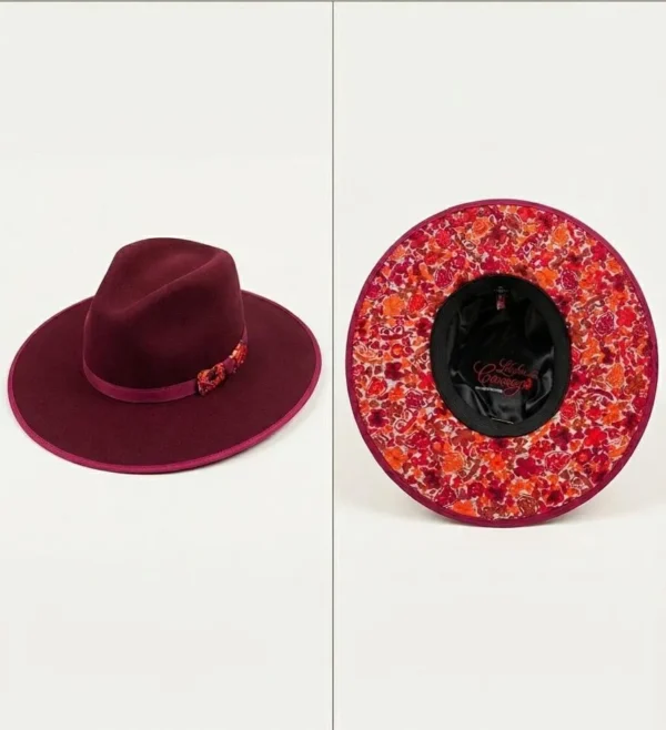 Sombrero lana de borrego color vino bordado de pensamientos tonos rojo y naranja