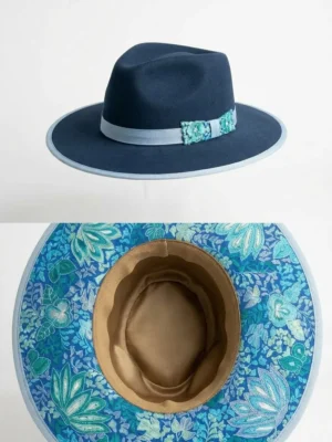 Sombrero lana de borrego fina color azul mezclilla bordado tonos azul
