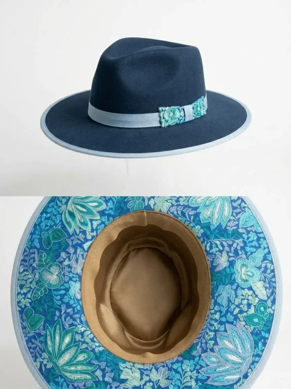 Sombrero lana de borrego fina color azul mezclilla bordado tonos azul