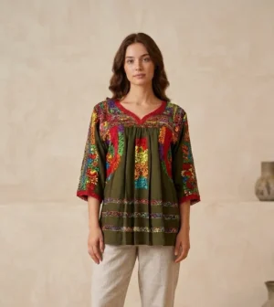 Blusa tela verde militar con colores