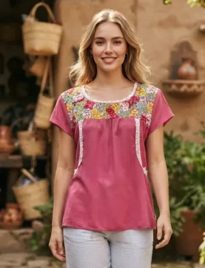 blusa ro Blusa sencilla rosa randa de cuello en costados