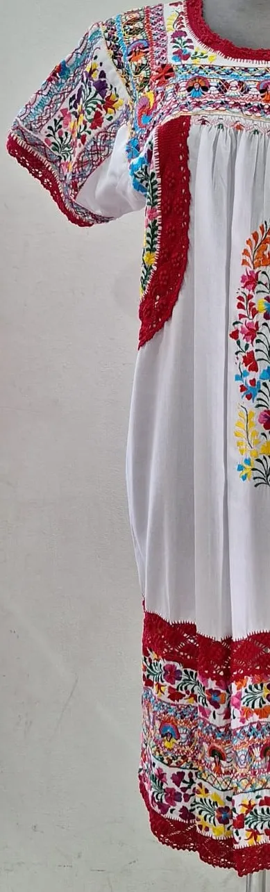 Vestido blanco danzantes multicolor, dos randas semilla abajo