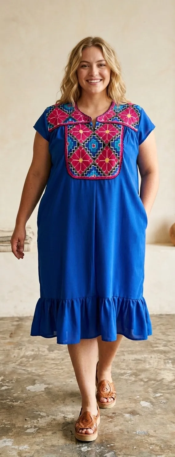 Vestido azul rey punto de cruz con bordado fuccia