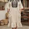 Vestido punto de cruz tela lino jaspeado hueso