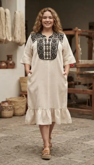 jaspe 3-4 Vestido punto de cruz tela lino jaspeado hueso