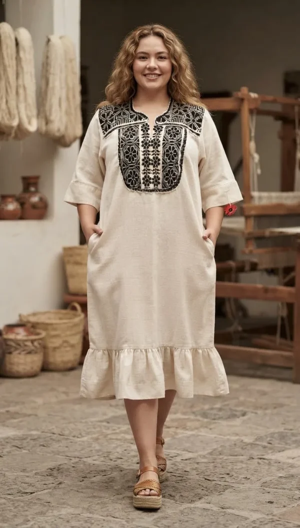 Vestido punto de cruz tela lino jaspeado hueso
