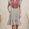 Vestido tela jaspeada marino con bordado rojo