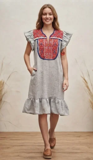 jaspe c rojo Vestido tela jaspeada marino con bordado rojo