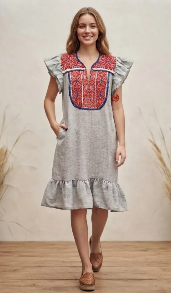 Vestido tela jaspeada marino con bordado rojo