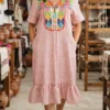Vestido  punto de cruz tela jaspeada rosa