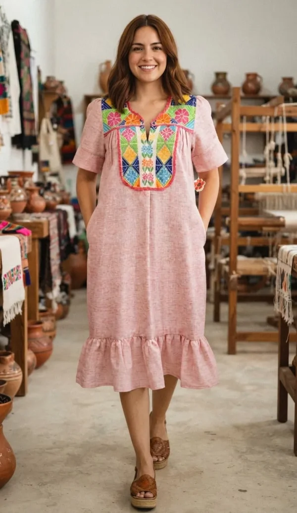 Vestido  punto de cruz tela jaspeada rosa