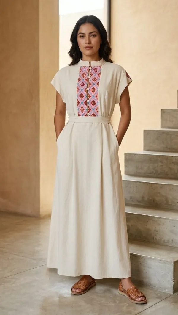 Vestido largo punto de cruz bordado en pechera