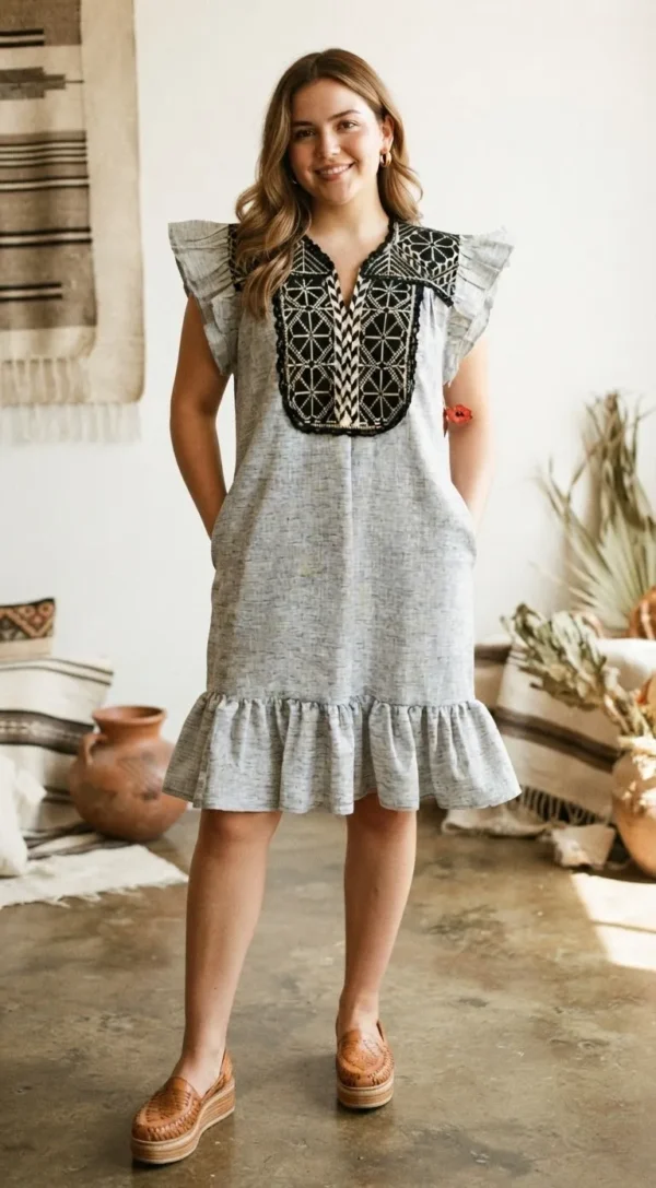 Vestido tela negra jaspeada con bordado negro