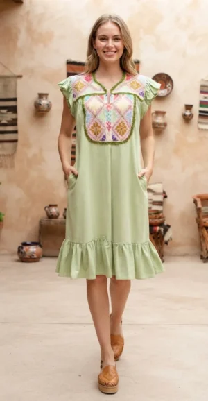 p.c verde tierno Vestido punto de cruz tela verde con colores
