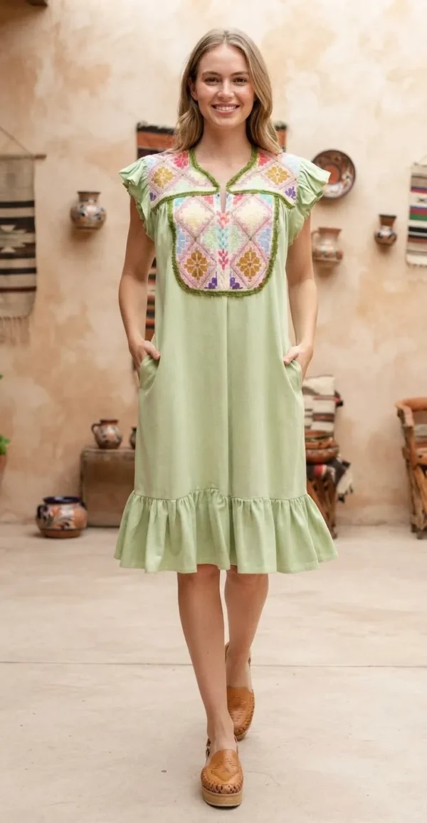 Vestido punto de cruz tela verde con colores