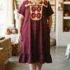 Vestido tela vino con bordado punto de cruz